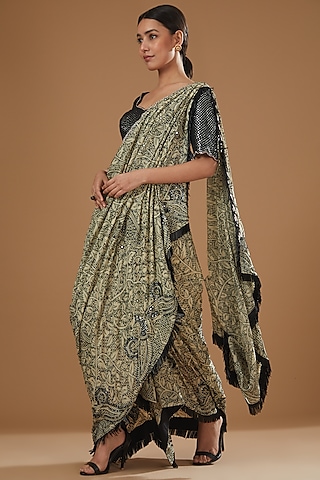 Beige Crepe Printed & Hand Embroidered Saree Set by Nupur Kanoi