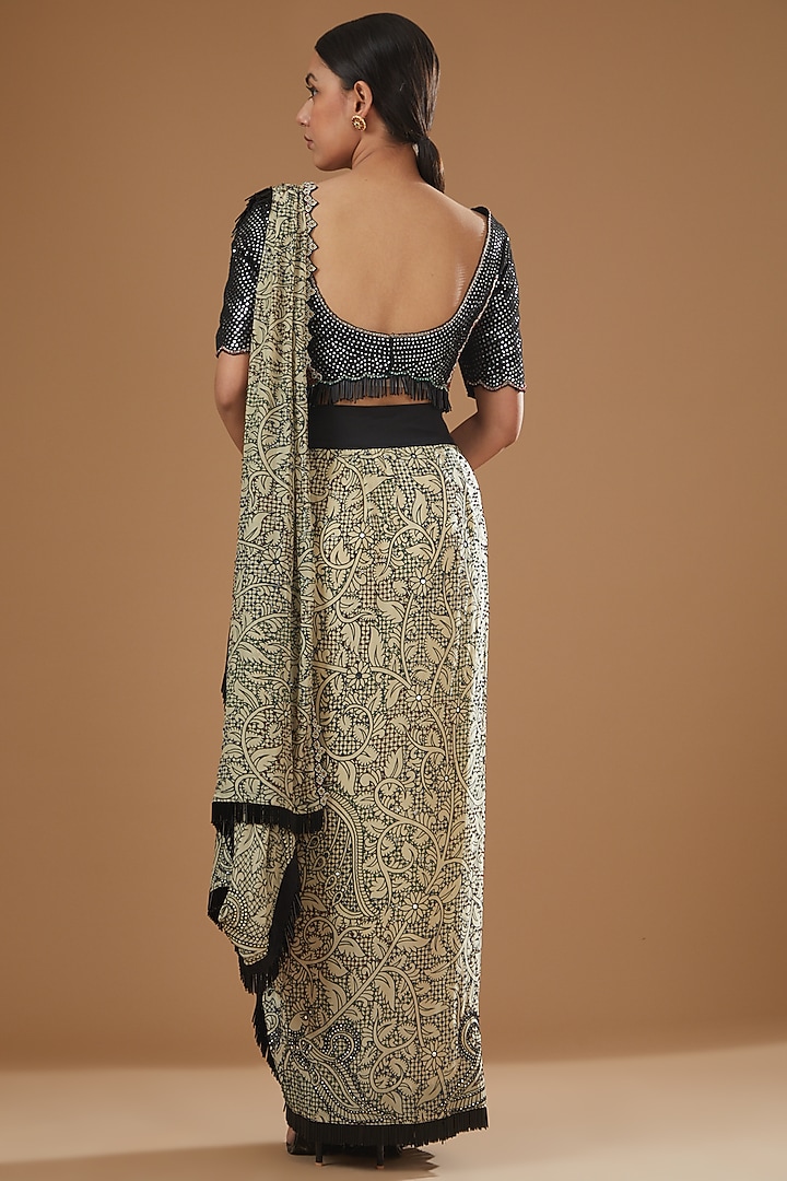 Beige Crepe Printed & Hand Embroidered Reception Saree Set by Nupur Kanoi at Pernia's Pop Up Shop