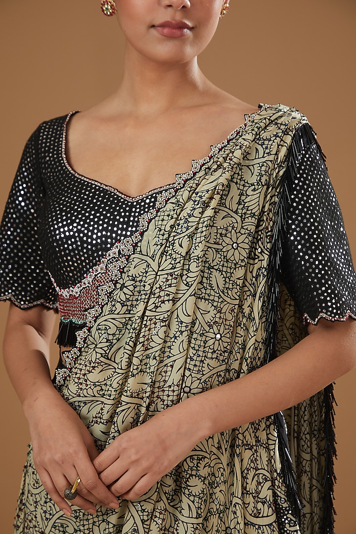 Beige Crepe Printed & Hand Embroidered Reception Saree Set by Nupur Kanoi at Pernia's Pop Up Shop