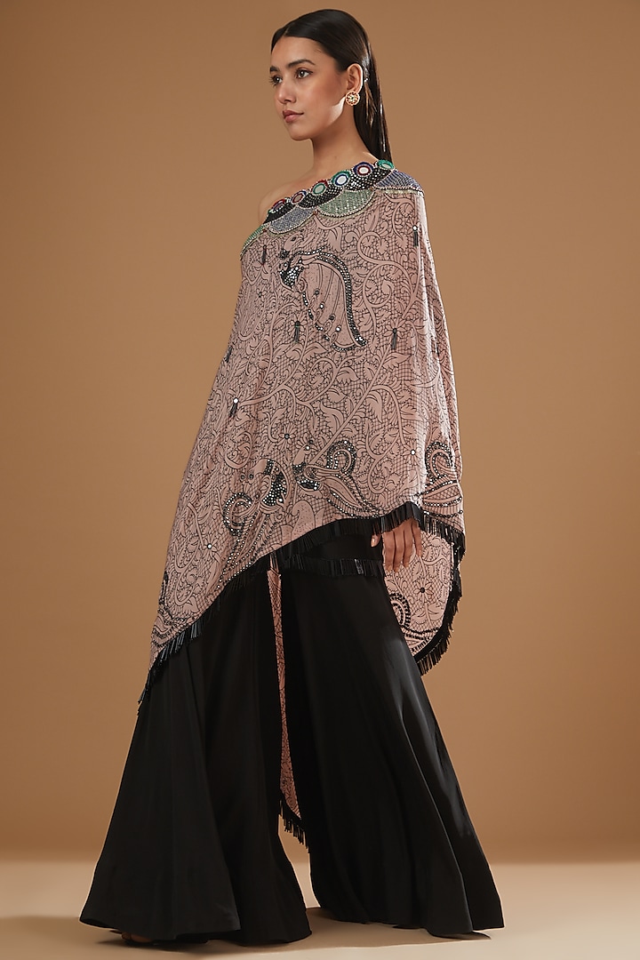 Dusty Rose Crepe Printed & Hand Embroidered Cape Set by Nupur Kanoi