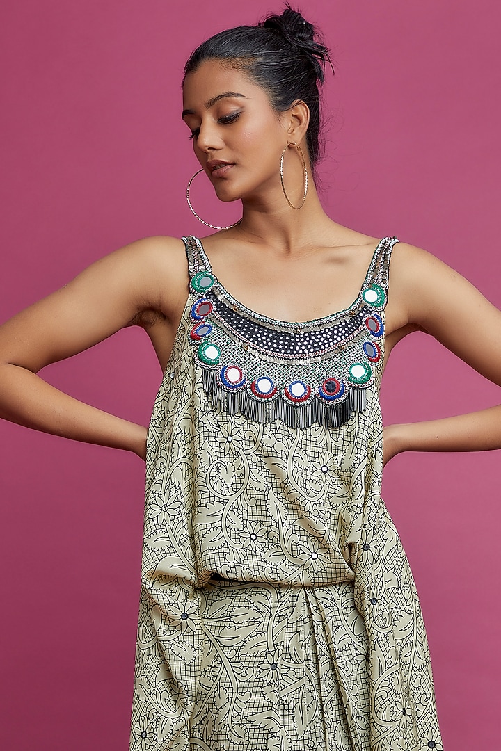 Jade Crepe Printed & Embroidered Jumpsuit by Nupur Kanoi at Pernia's Pop Up Shop