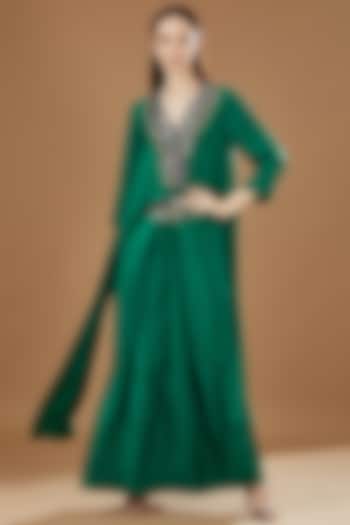Emerald Green Satin Embroidered Maxi Dress by Nupur Kanoi