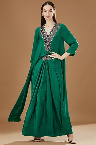 Emerald Green Satin Embroidered Maxi Dress by Nupur Kanoi