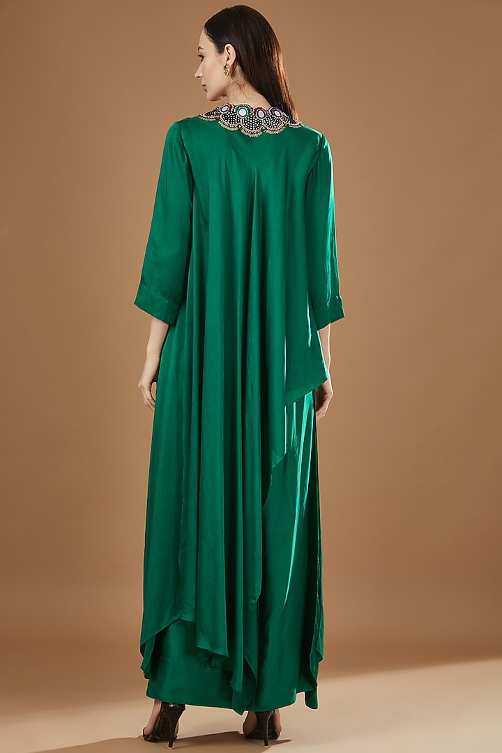 Emerald Green Satin Embroidered Maxi Cocktail Dress by Nupur Kanoi at Pernia's Pop Up Shop