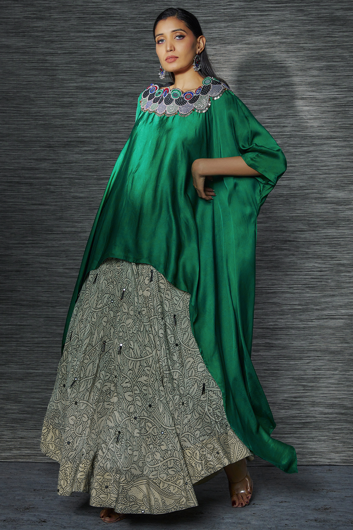 Emerald Green Satin Peacock Printed CIrcular Pant Set by Nupur Kanoi at Pernia's Pop Up Shop