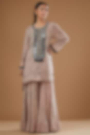 Dusty Rose Crepe Printed & Hand Embroidered Kurta Set by Nupur Kanoi at Pernia's Pop Up Shop