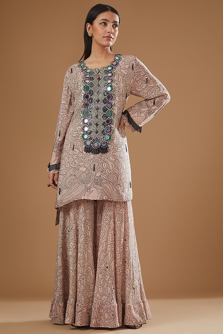 Dusty Rose Crepe Printed & Hand Embroidered Kurta Set by Nupur Kanoi at Pernia's Pop Up Shop