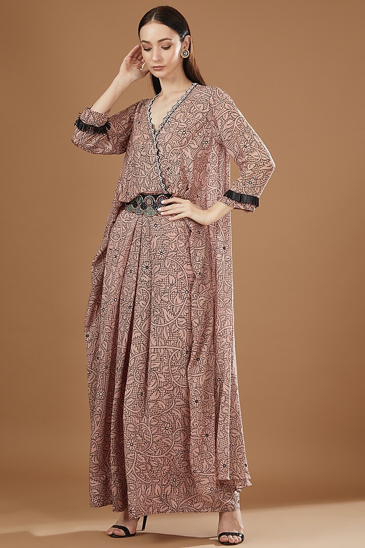 Old Rose Crepe Printed & Embroidered Maxi Dress by Nupur Kanoi