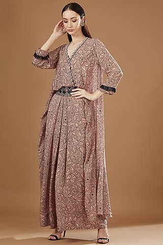 Old Rose Crepe Printed & Embroidered Maxi Dress by Nupur Kanoi
