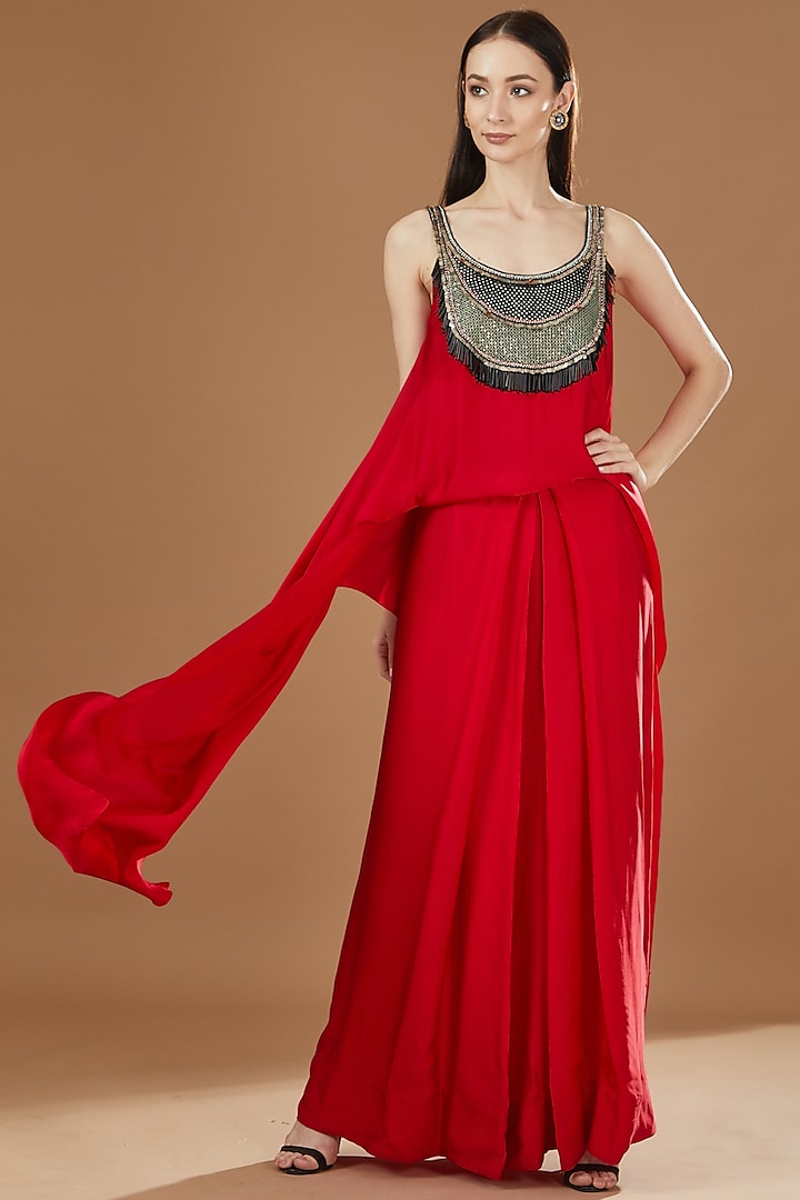 Red Satin Embroidered Singlet Lungi Dress by Nupur Kanoi