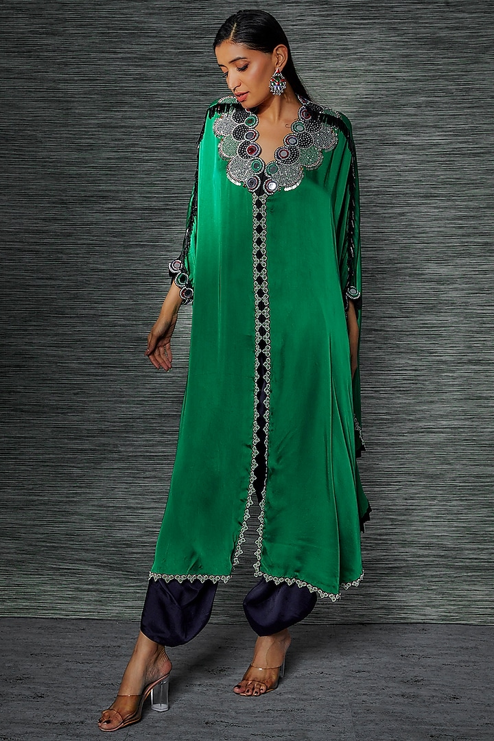 Emerald Green Satin Embroidered Cape Set by Nupur Kanoi