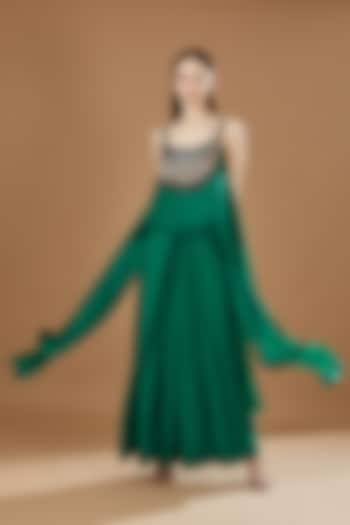 Emerald Green Satin Embroidered Singlet Lungi Dress by Nupur Kanoi