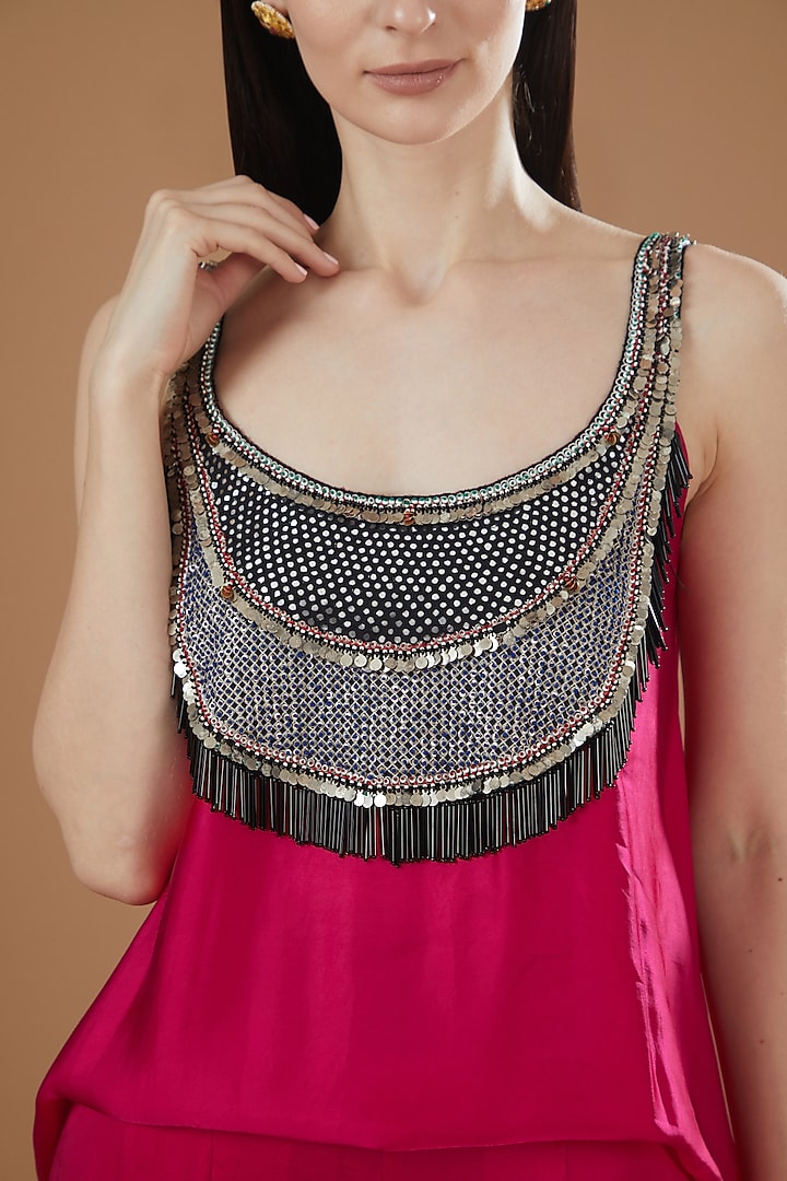Red Satin Embroidered Singlet Jumpsuit by Nupur Kanoi at Pernia's Pop Up Shop