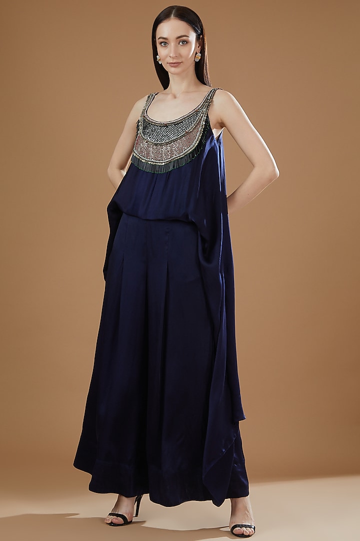 Navy Blue Crepe Printed & Embroidered Singlet Jumpsuit by Nupur Kanoi