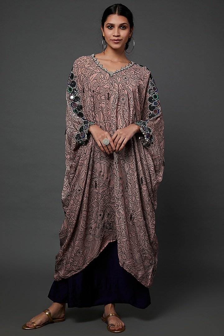 Dusty Rose Printed & Hand Embroidered Kaftan Set by Nupur Kanoi