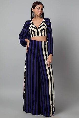 Blue & Black Crepe Striped Kimono Gathered Jacket Set by Nupur Kanoi