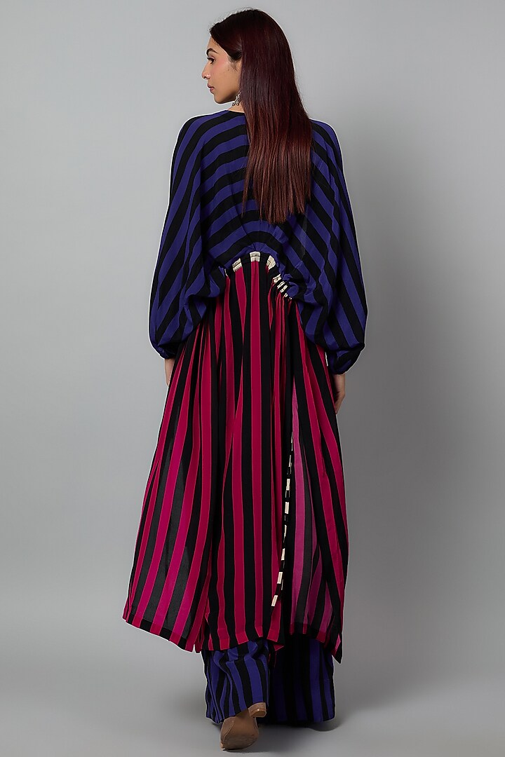 Blue & Black Crepe Striped Kimono Gathered Jacket Set by Nupur Kanoi at Pernia's Pop Up Shop