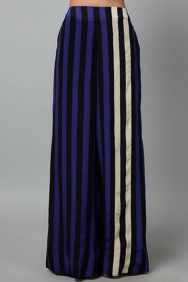 Blue & Black Crepe Striped Kimono Gathered Jacket Set by Nupur Kanoi at Pernia's Pop Up Shop