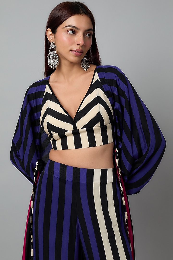 Blue & Black Crepe Striped Kimono Gathered Jacket Set by Nupur Kanoi at Pernia's Pop Up Shop