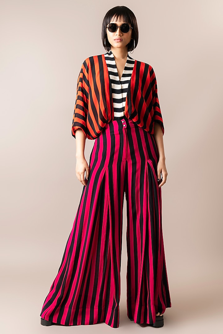 Tangerine & Magenta Pink Crepe Digital Stripes Printed Kimono Jumpsuit by Nupur Kanoi