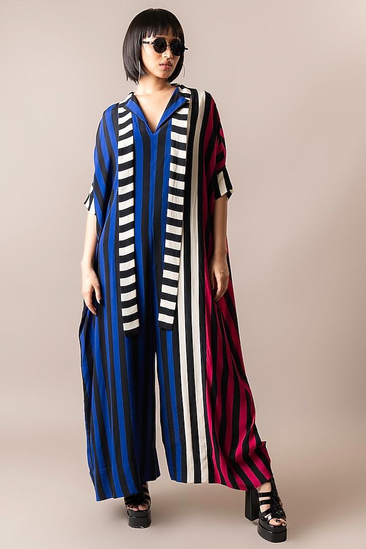 Cobalt Blue & Magenta Pink Crepe Digital Stripes Printed Kaftan Jumpsuit by Nupur Kanoi at Pernia's Pop Up Shop