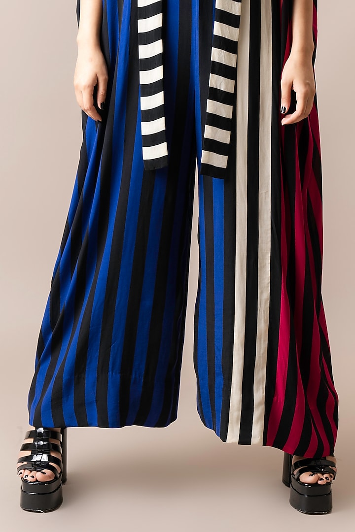 Cobalt Blue & Magenta Pink Crepe Digital Stripes Printed Kaftan Jumpsuit by Nupur Kanoi at Pernia's Pop Up Shop