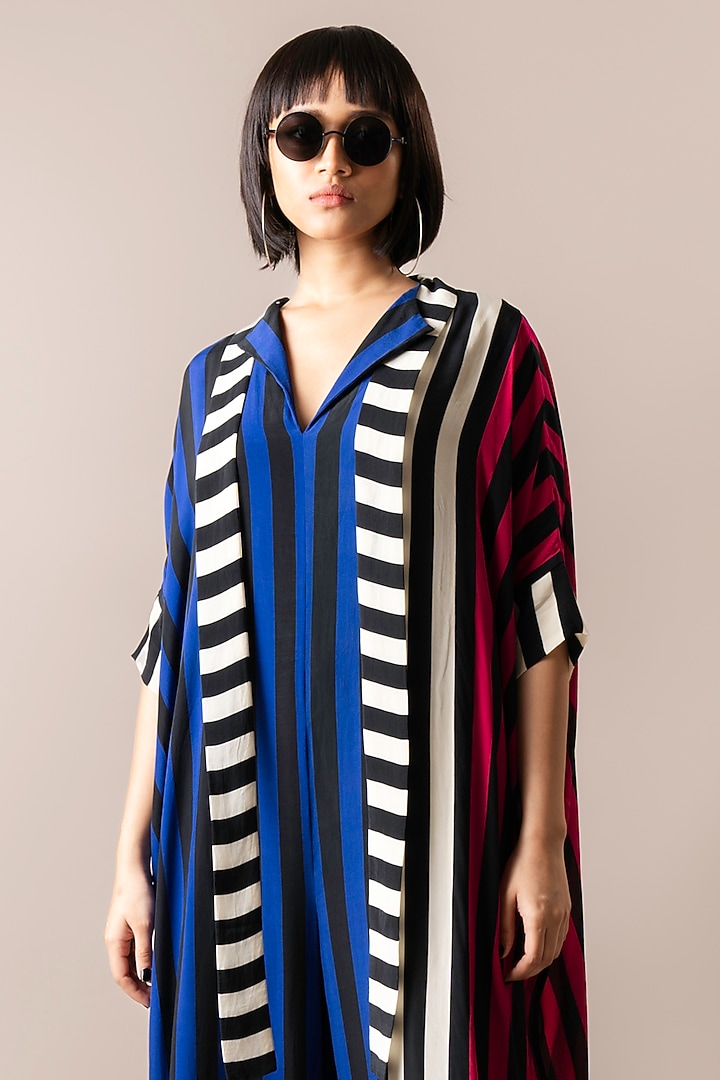 Cobalt Blue & Magenta Pink Crepe Digital Stripes Printed Kaftan Jumpsuit by Nupur Kanoi at Pernia's Pop Up Shop