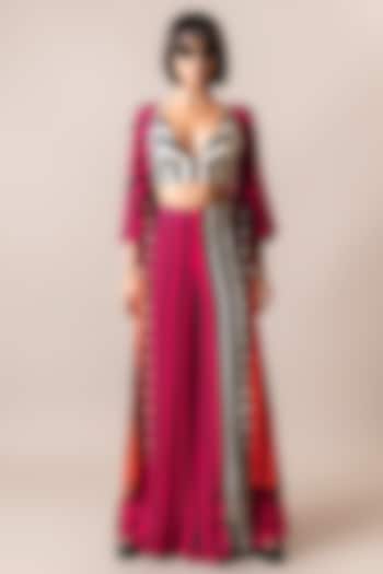 Magenta Pink & Tangerine Crepe Digital Stripes Printed Jacket Set by Nupur Kanoi at Pernia's Pop Up Shop