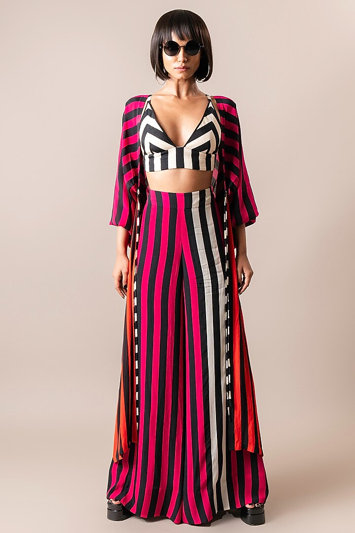 Magenta Pink & Tangerine Crepe Digital Stripes Printed Jacket Set by Nupur Kanoi at Pernia's Pop Up Shop