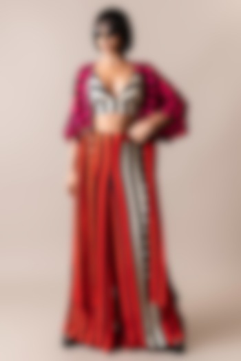 Magenta Pink & Tangerine Crepe Digital Stripes Printed Jacket Set by Nupur Kanoi at Pernia's Pop Up Shop