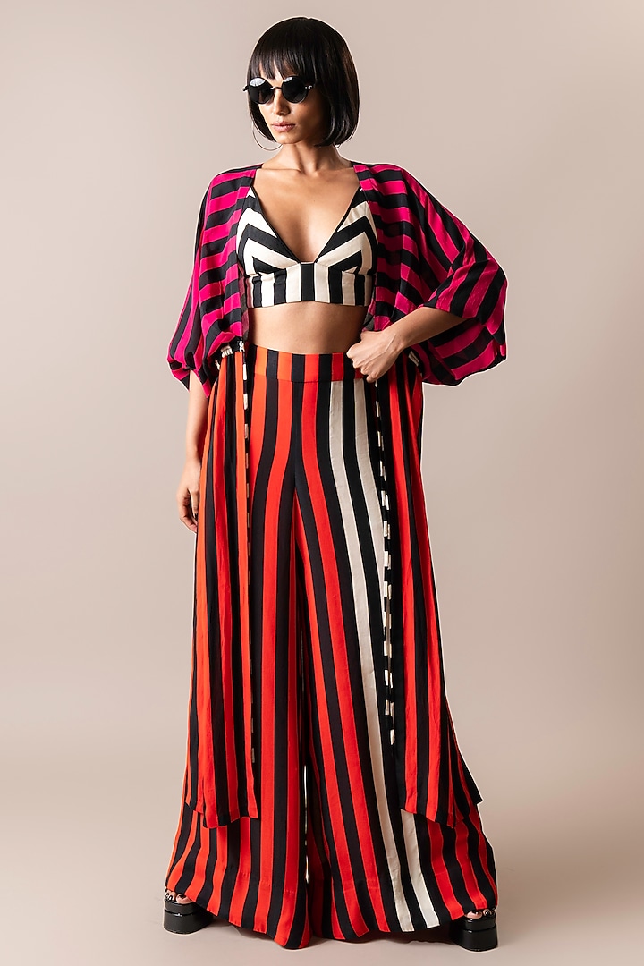 Magenta Pink & Tangerine Crepe Digital Stripes Printed Jacket Set by Nupur Kanoi at Pernia's Pop Up Shop