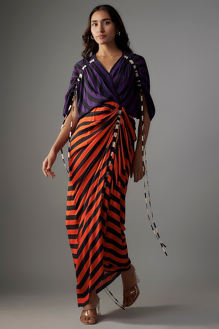 Purple & Orange Crepe Stripes Printed Gathered Dress by Nupur Kanoi at Pernia's Pop Up Shop