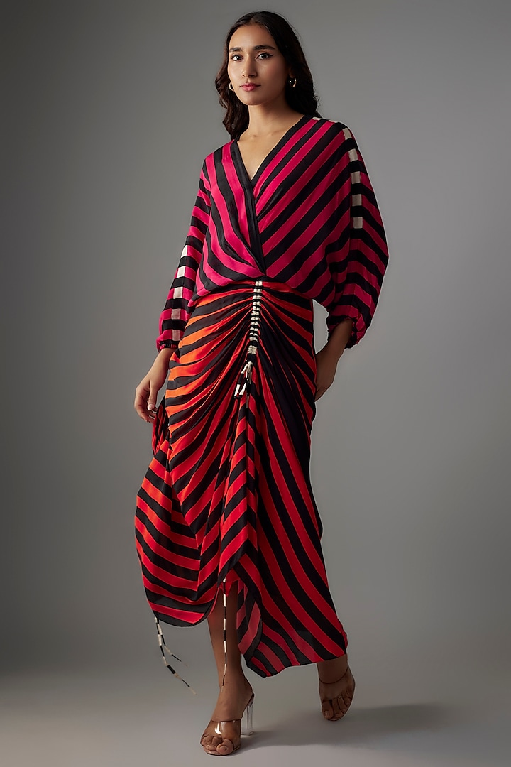 Magenta Pink & Orange Crepe Stripes Printed Wrap Dress by Nupur Kanoi at Pernia's Pop Up Shop