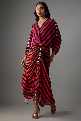 Magenta Pink & Orange Crepe Stripes Printed Wrap Dress by Nupur Kanoi