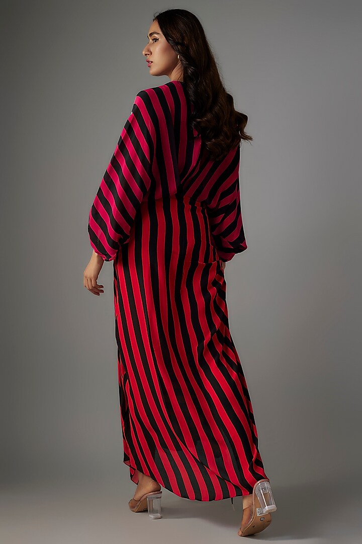 Magenta Pink & Orange Crepe Stripes Printed Wrap Vacation Dress by Nupur Kanoi at Pernia's Pop Up Shop