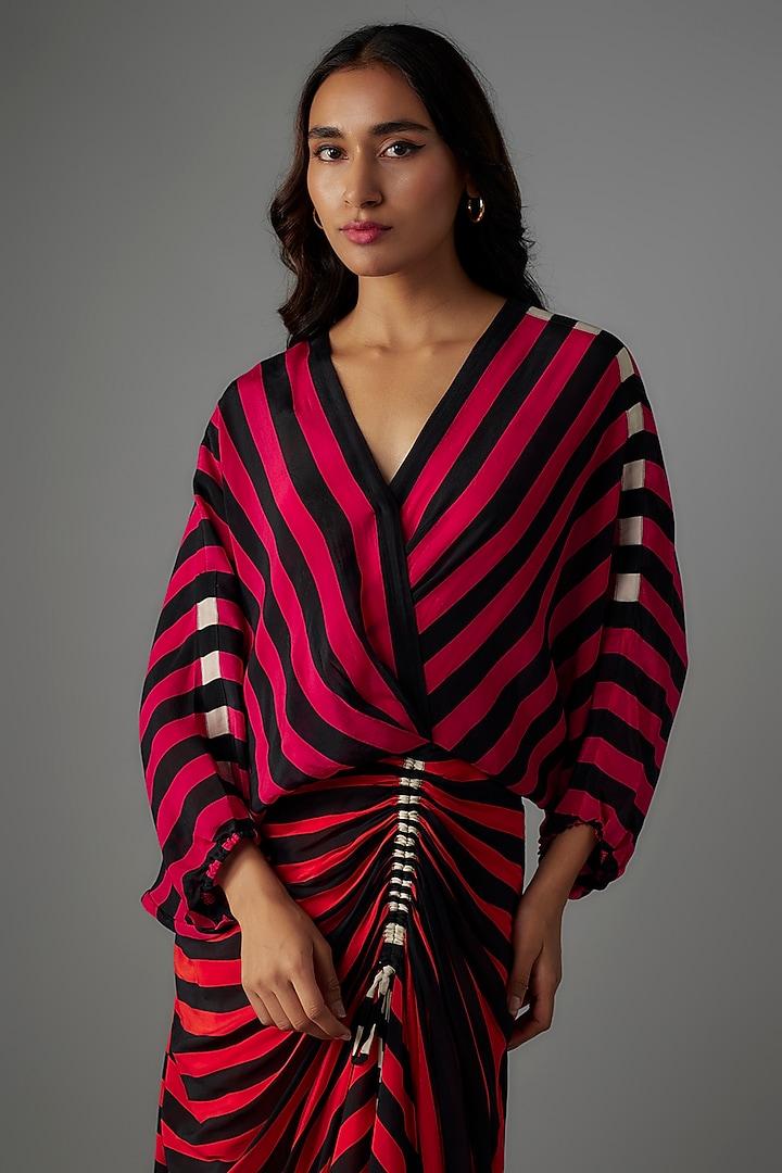 Magenta Pink & Orange Crepe Stripes Printed Wrap Vacation Dress by Nupur Kanoi at Pernia's Pop Up Shop
