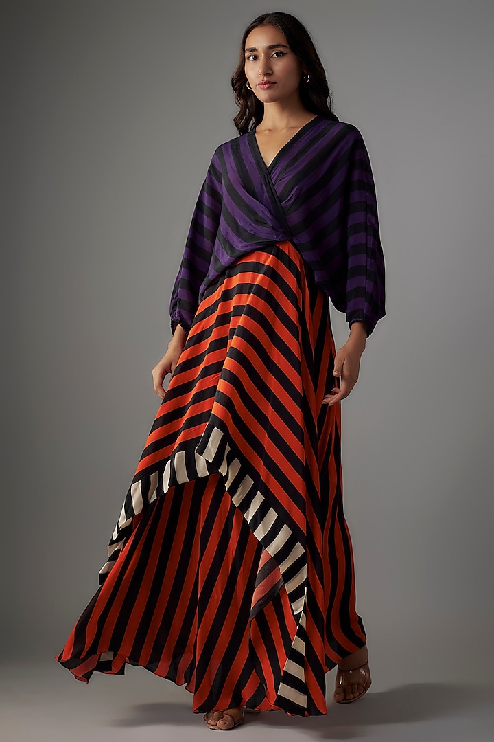 Purple & Orange Crepe Stripes Printed Hanky Dress by Nupur Kanoi at Pernia's Pop Up Shop