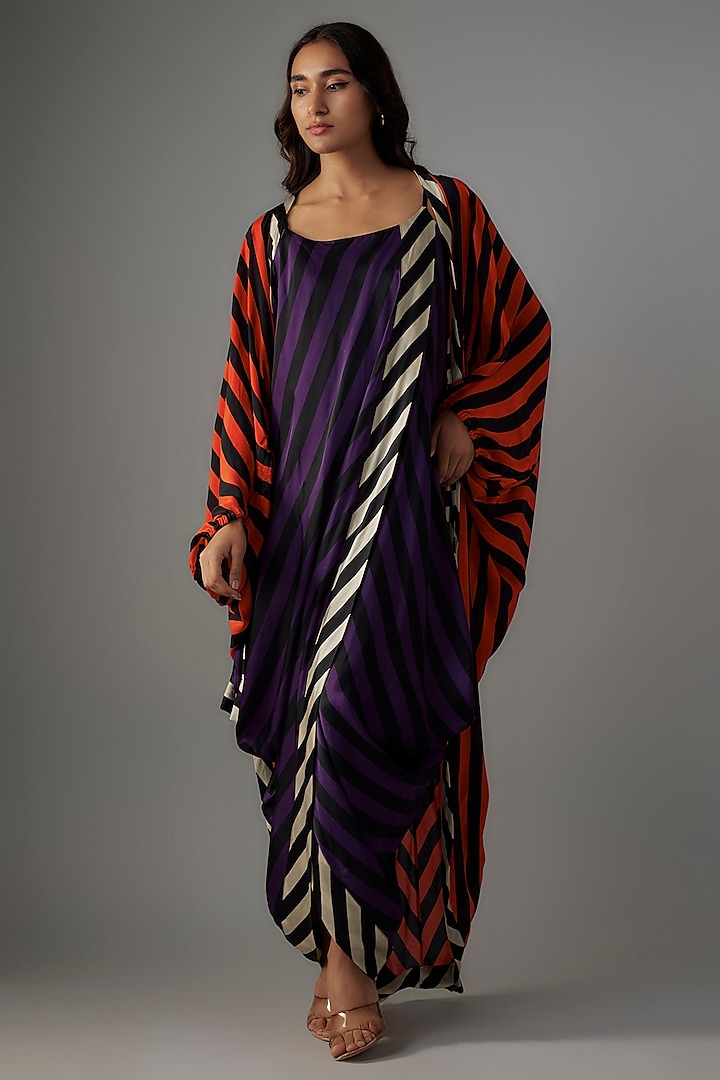 Orange & Purple Satin Stripes Printed Cape Dress by Nupur Kanoi at Pernia's Pop Up Shop