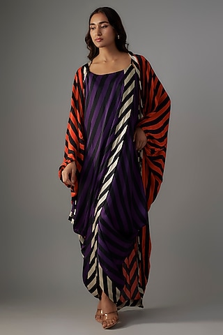 Orange & Purple Satin Stripes Printed Cape Dress by Nupur Kanoi
