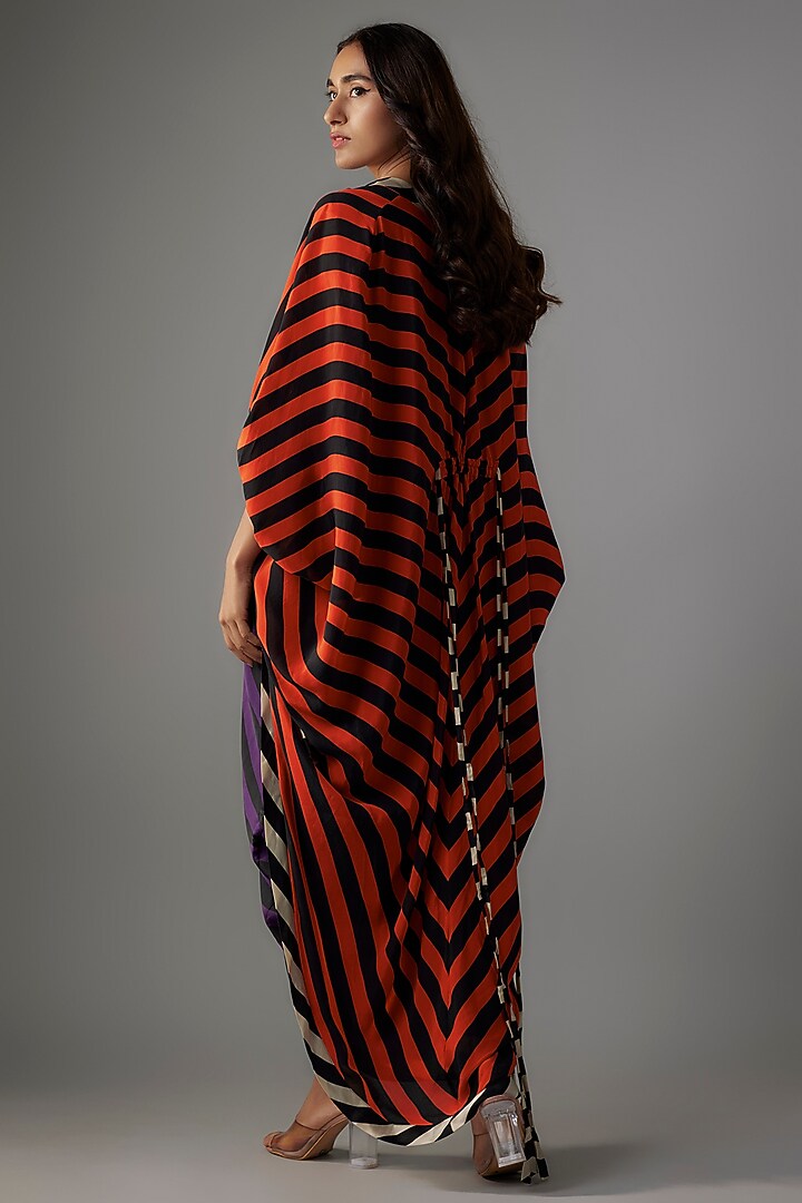 Orange & Purple Satin Stripes Printed Cape Cocktail Dress by Nupur Kanoi at Pernia's Pop Up Shop