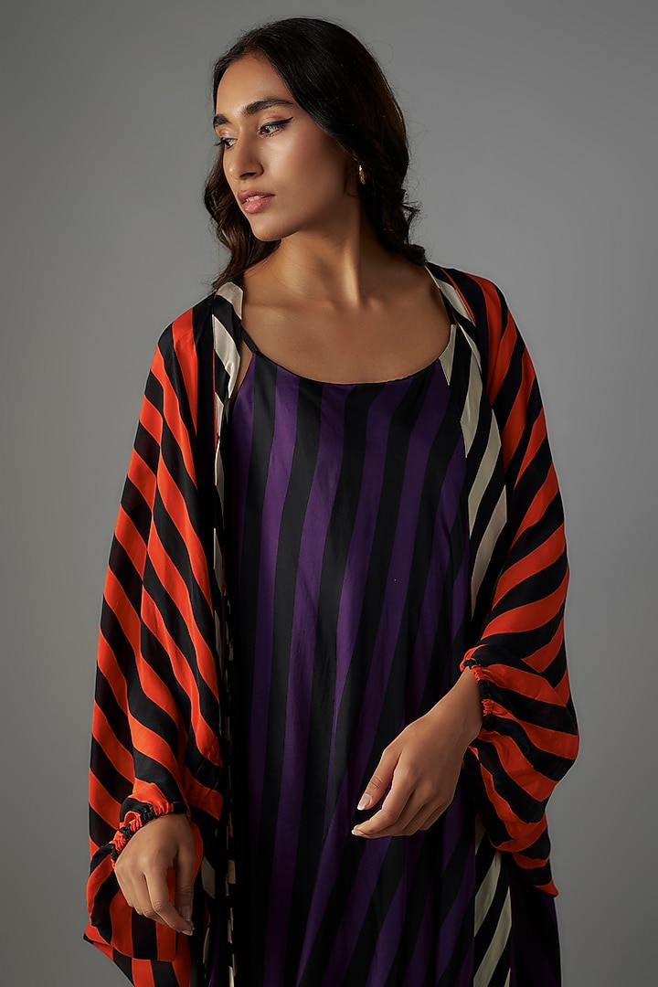 Orange & Purple Satin Stripes Printed Cape Cocktail Dress by Nupur Kanoi at Pernia's Pop Up Shop