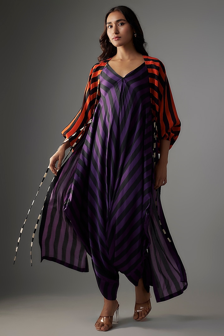 Purple Satin Stripes Printed Jumpsuit With Cape by Nupur Kanoi at Pernia's Pop Up Shop