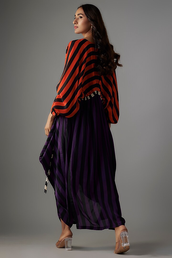 Purple Satin Stripes Printed Jumpsuit With Cape by Nupur Kanoi at Pernia's Pop Up Shop
