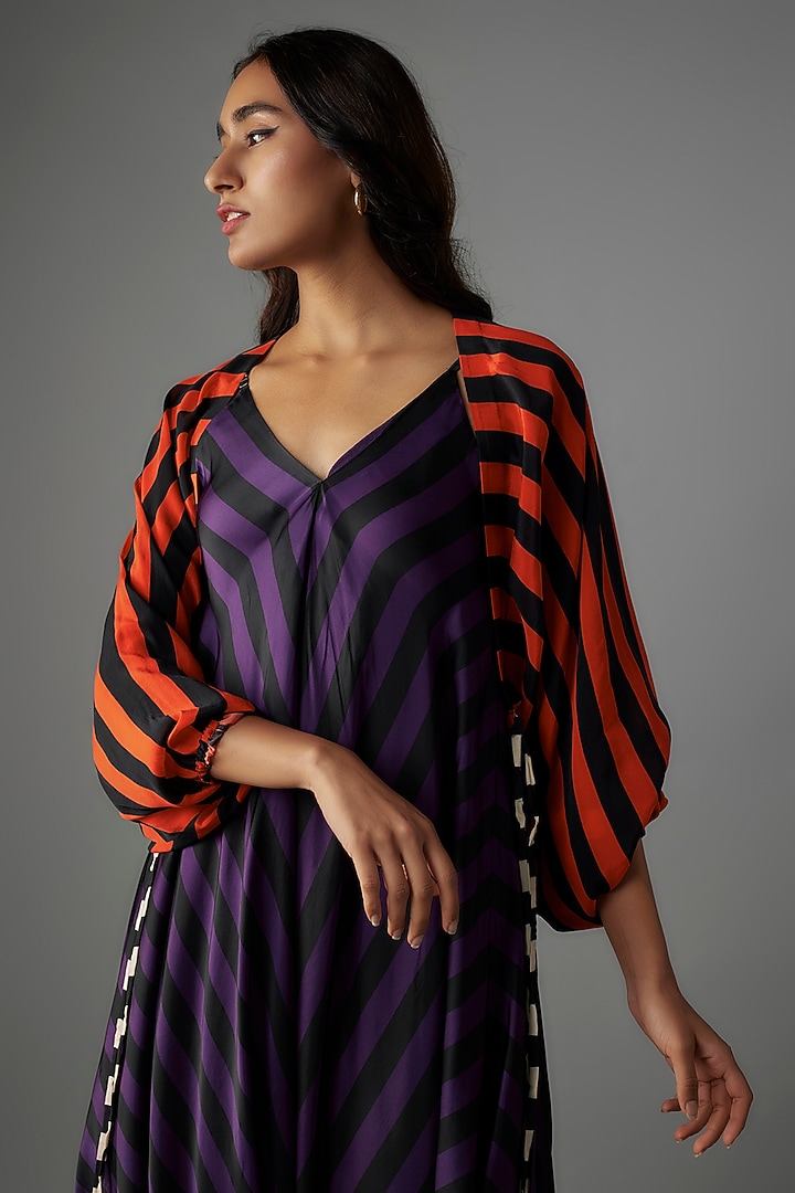 Purple Satin Stripes Printed Jumpsuit With Cape by Nupur Kanoi at Pernia's Pop Up Shop