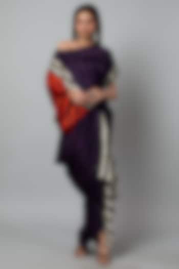 Purple & Orange Satin Striped Gathered Cowl Skirt Set by Nupur Kanoi