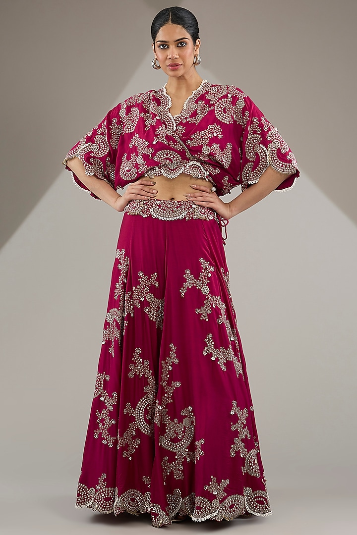 Burgundy Crepe & Silk Hand Embroidered Bridal Lehenga Set by Nupur Kanoi at Pernia's Pop Up Shop