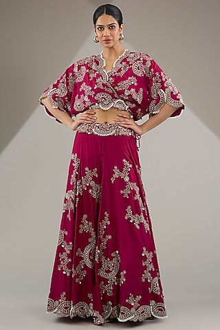 Burgundy Crepe & Silk Hand Embroidered Lehenga Set by Nupur Kanoi
