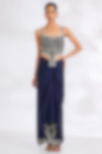 Navy Blue Satin Hand Embroidered Pick-Up Skirt Set by Nupur Kanoi at Pernia's Pop Up Shop