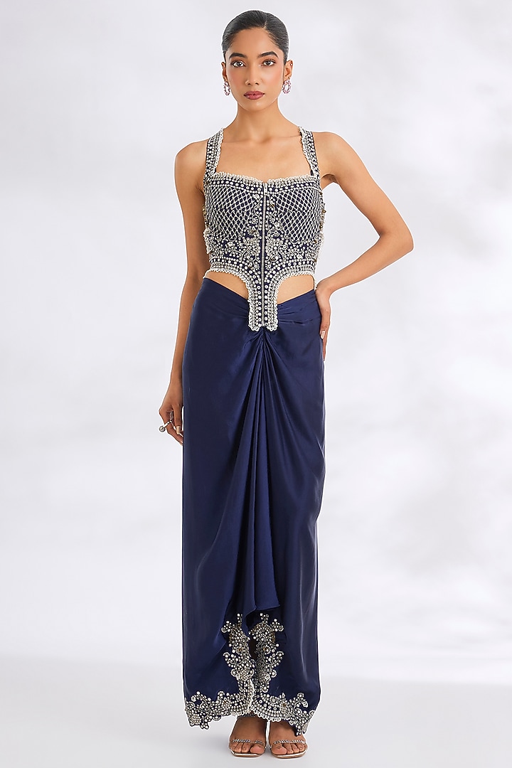 Navy Blue Satin Hand Embroidered Pick-Up Skirt Set by Nupur Kanoi at Pernia's Pop Up Shop