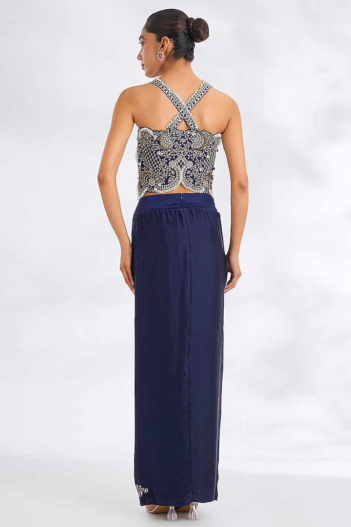 Navy Blue Satin Hand Embroidered Pick-Up Skirt Set by Nupur Kanoi at Pernia's Pop Up Shop